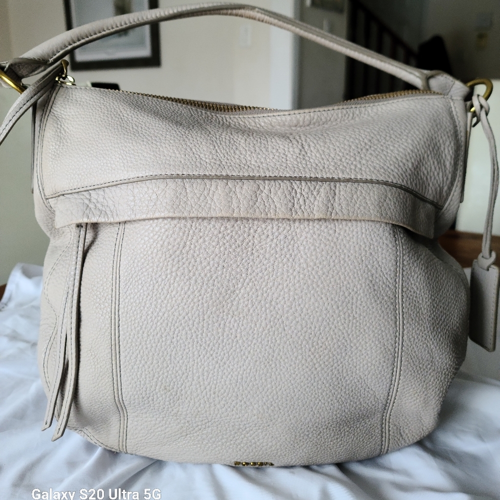 Fossil Leather Large Light Grey/Taupe Shoulder Hobo Bag